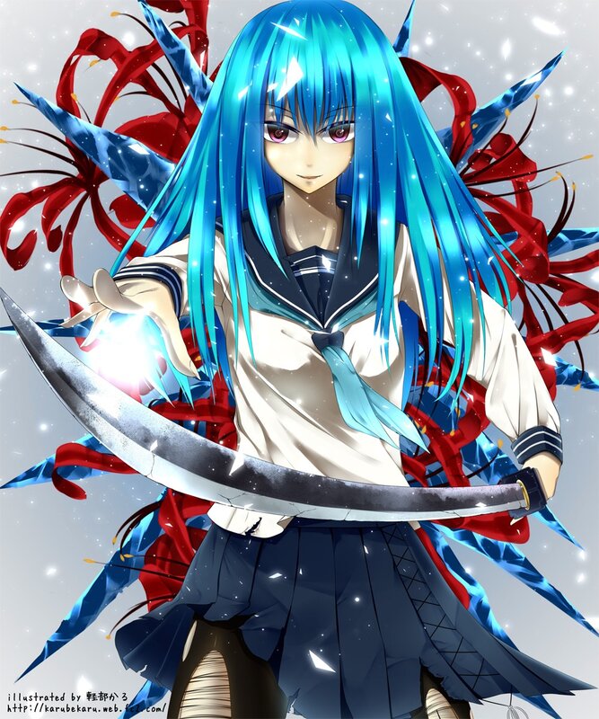 blue-haired anime girl with sword