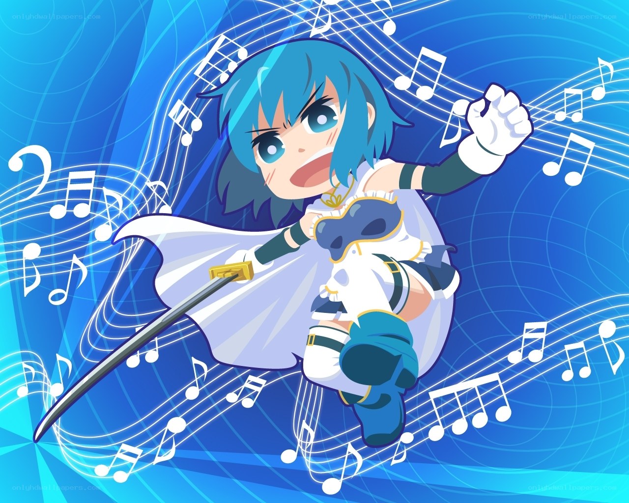 blue-haired anime girl with sword