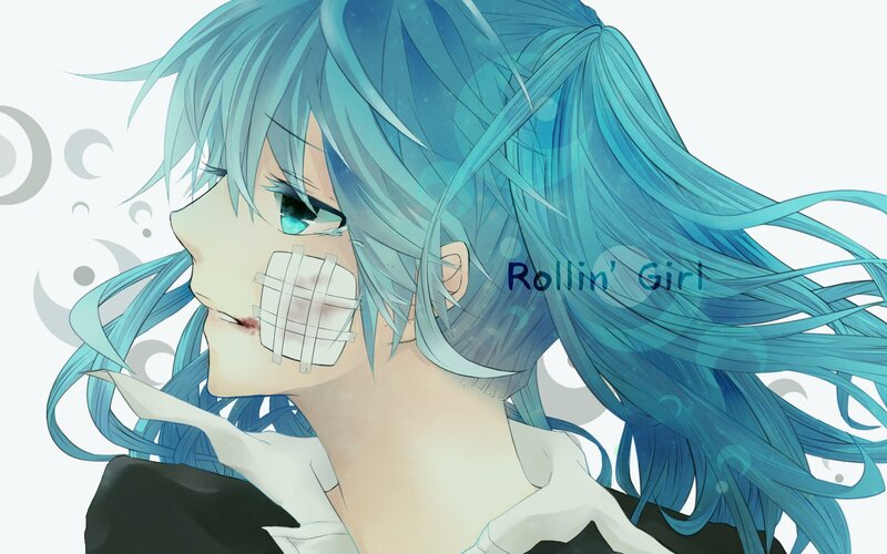 Blue-haired anime girl with tape