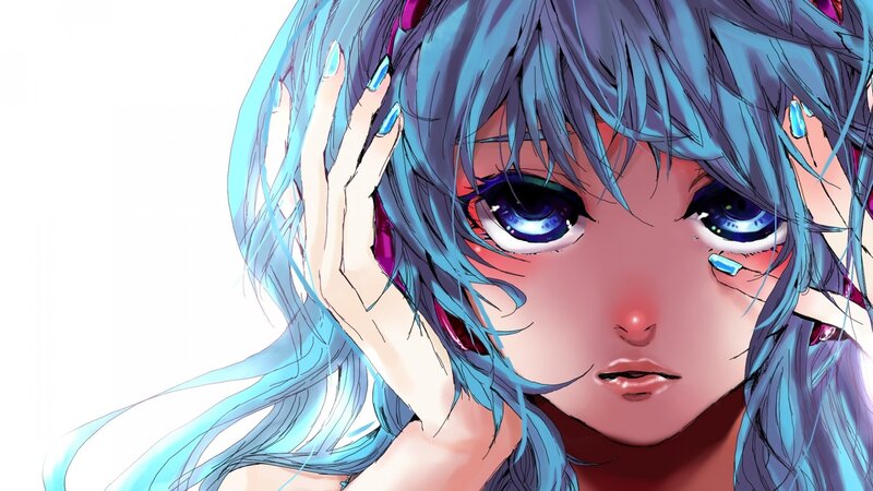 blue-haired anime girl with tears