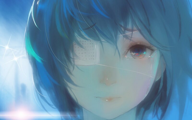blue-haired anime girl with tears