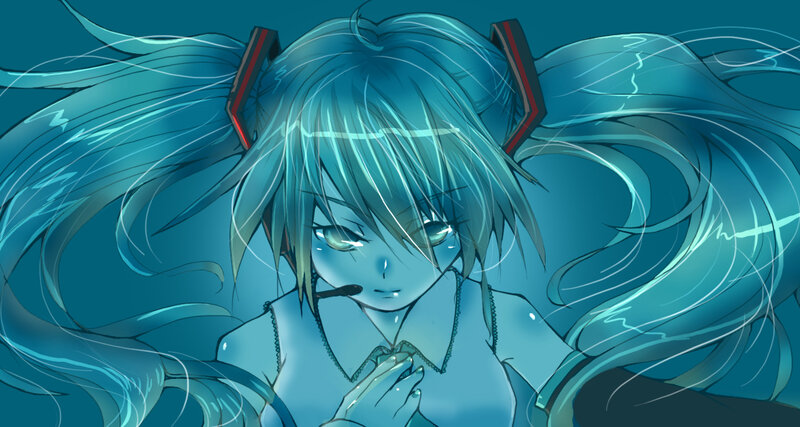blue-haired anime girl with tears