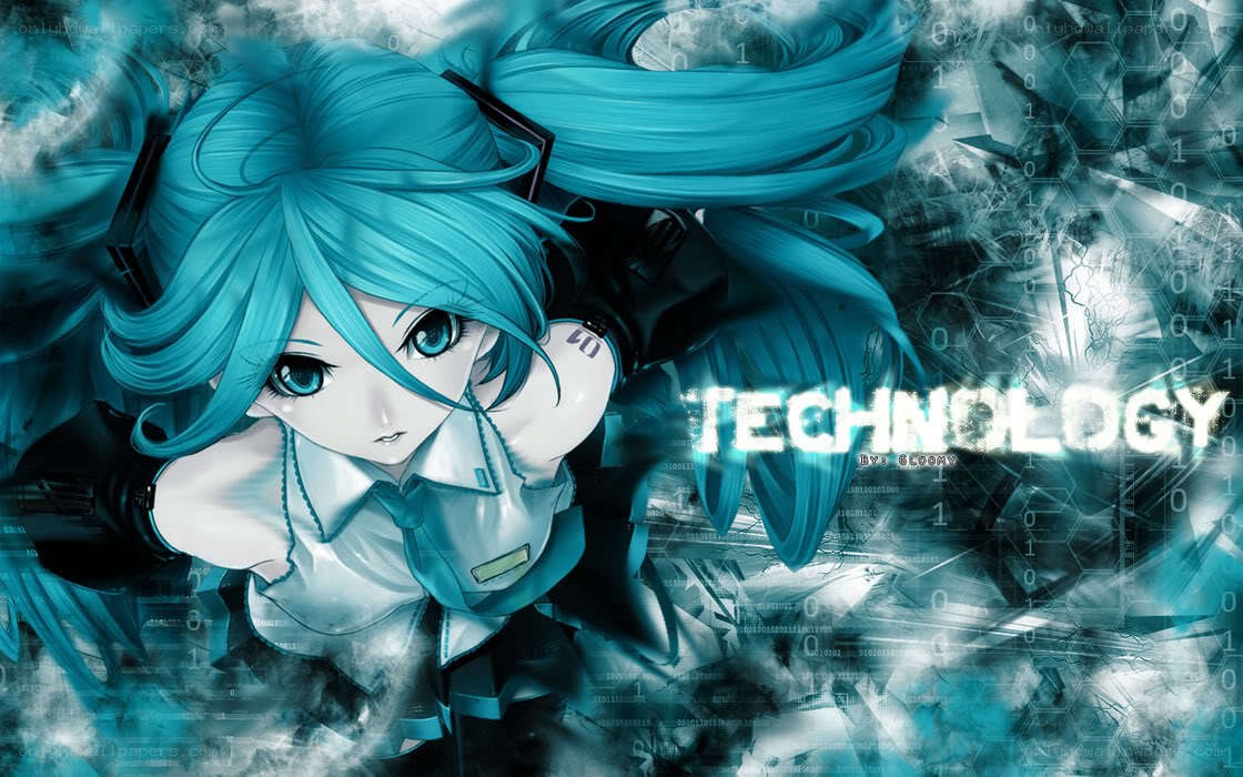 blue-haired anime girl with technology theme