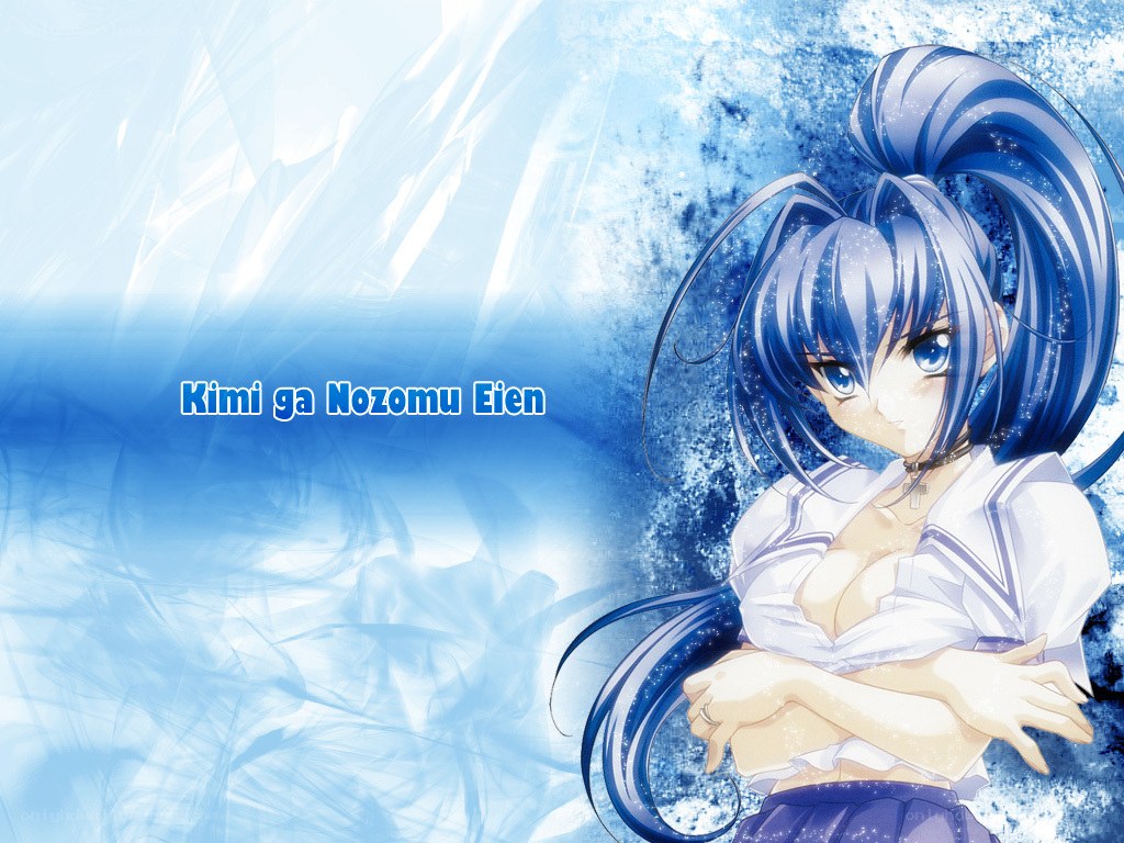 Blue-haired anime girl with text