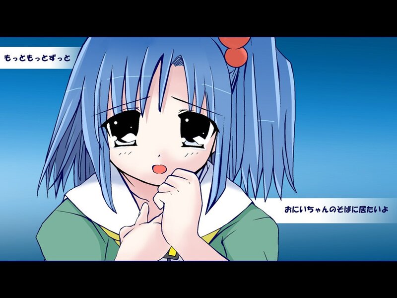 Blue-haired anime girl with text