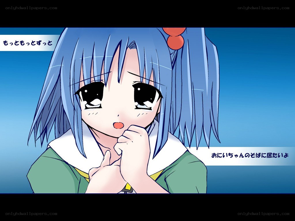 Blue-haired anime girl with text