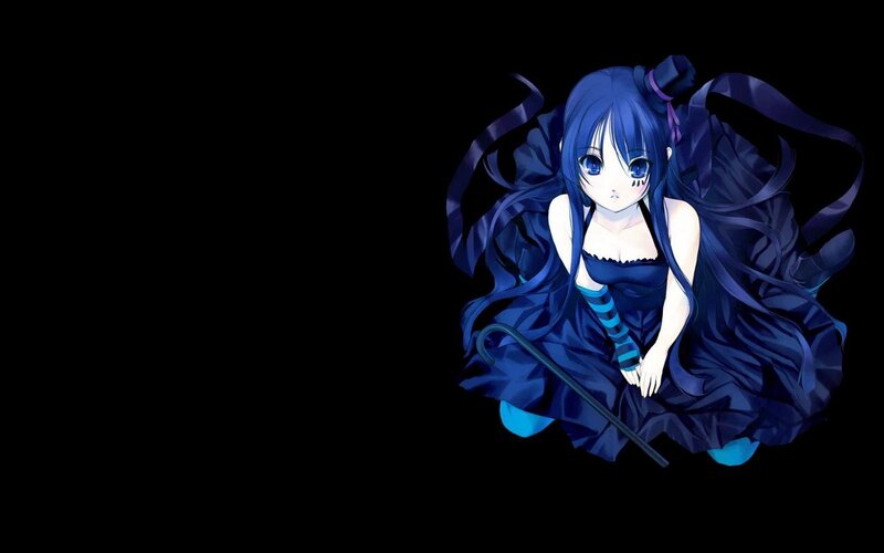 blue-haired anime girl with umbrella