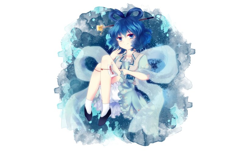 blue-haired anime girl with wand