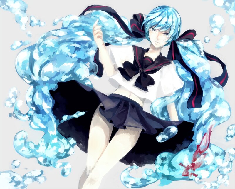 blue-haired anime girl with water