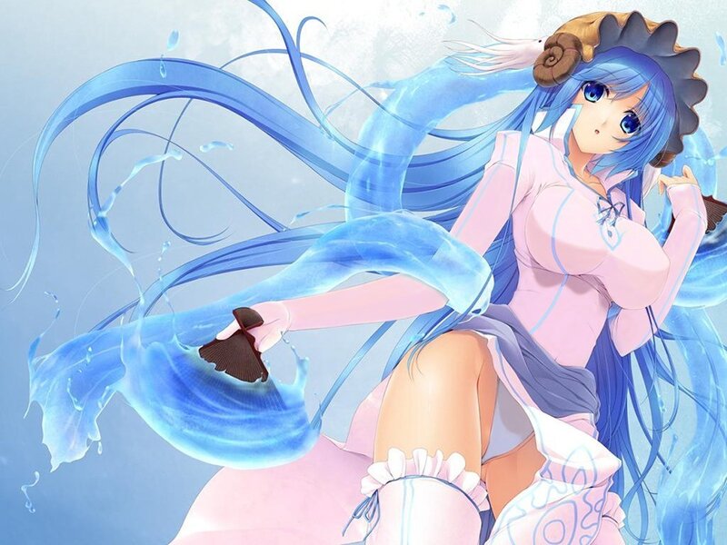 blue-haired anime girl with water