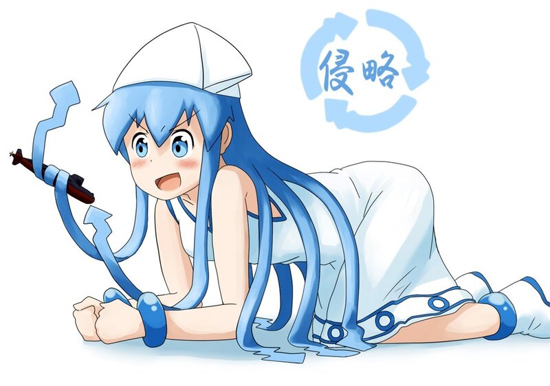 Blue-haired anime girl with weapon