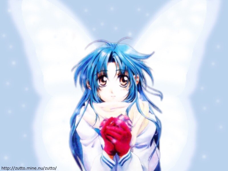 blue-haired anime girl with wings