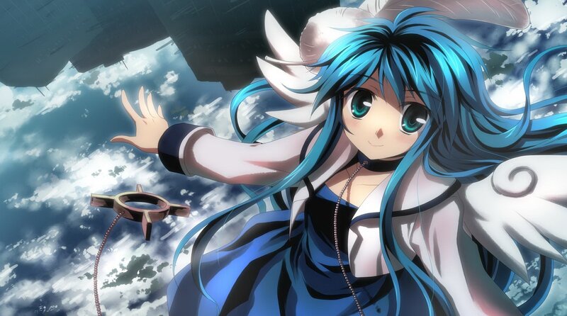 blue-haired anime girl with wings