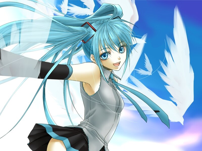 blue-haired anime girl with wings