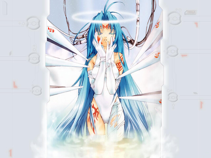 blue-haired anime girl with wings