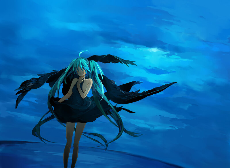 blue-haired anime girl with wings