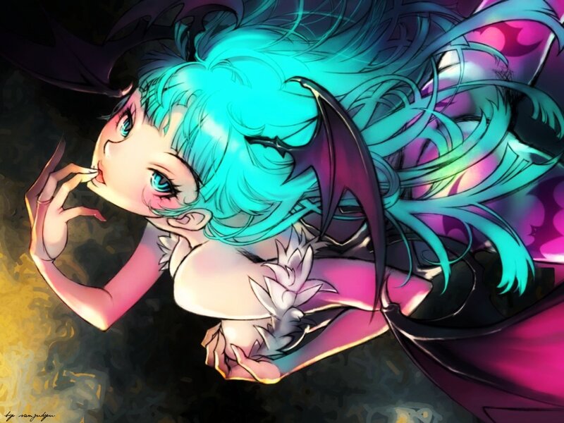 blue-haired anime girl with wings