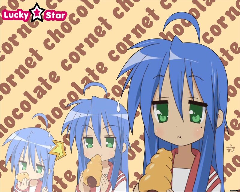 Blue-haired anime girls eating corn dogs