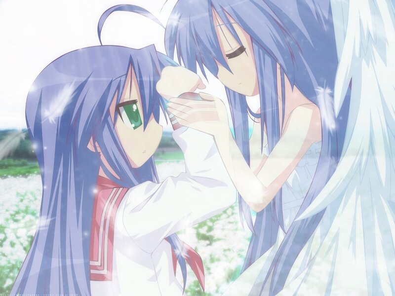 Blue-haired anime girls in a field