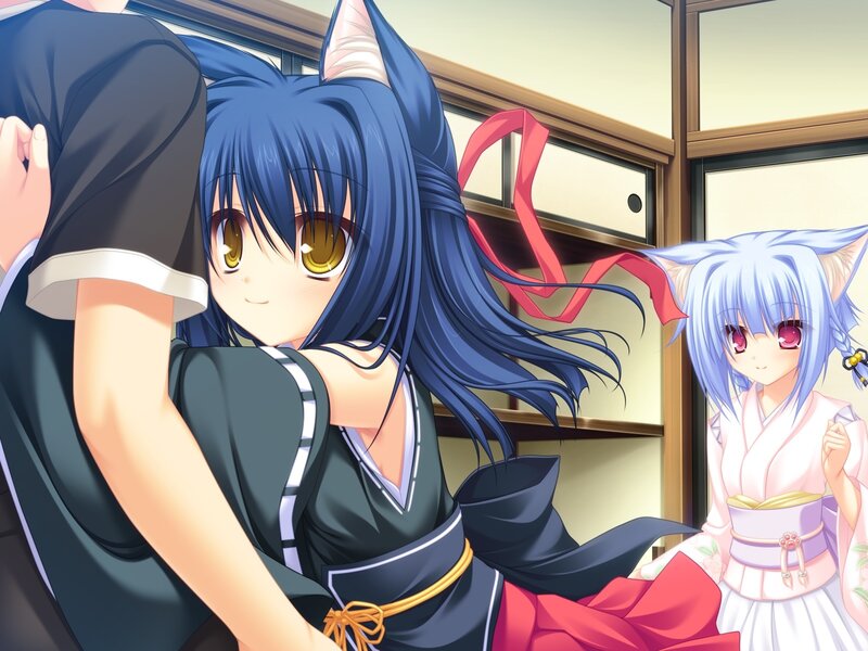 Blue-haired anime girls in a room
