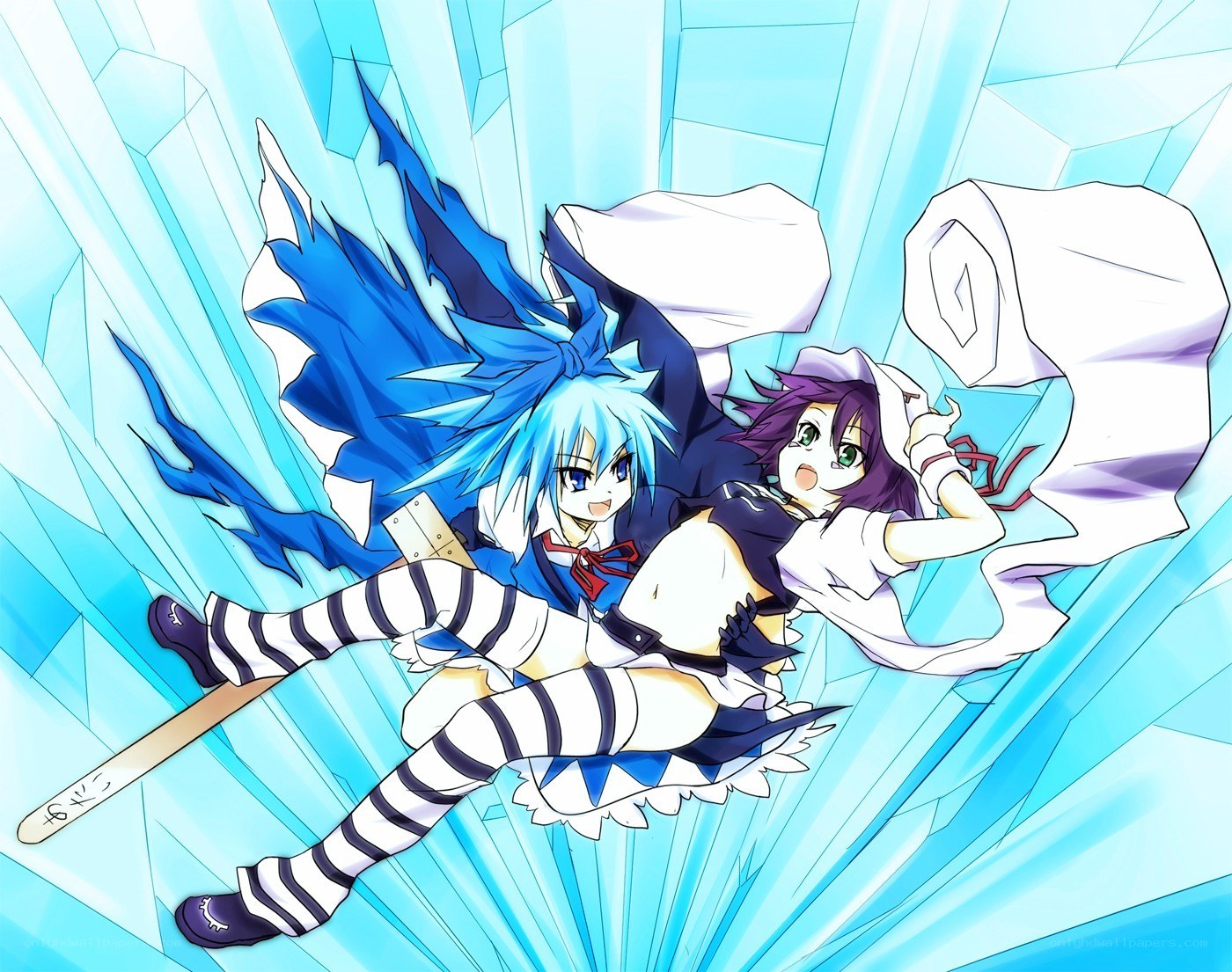 Blue-haired anime girls in action