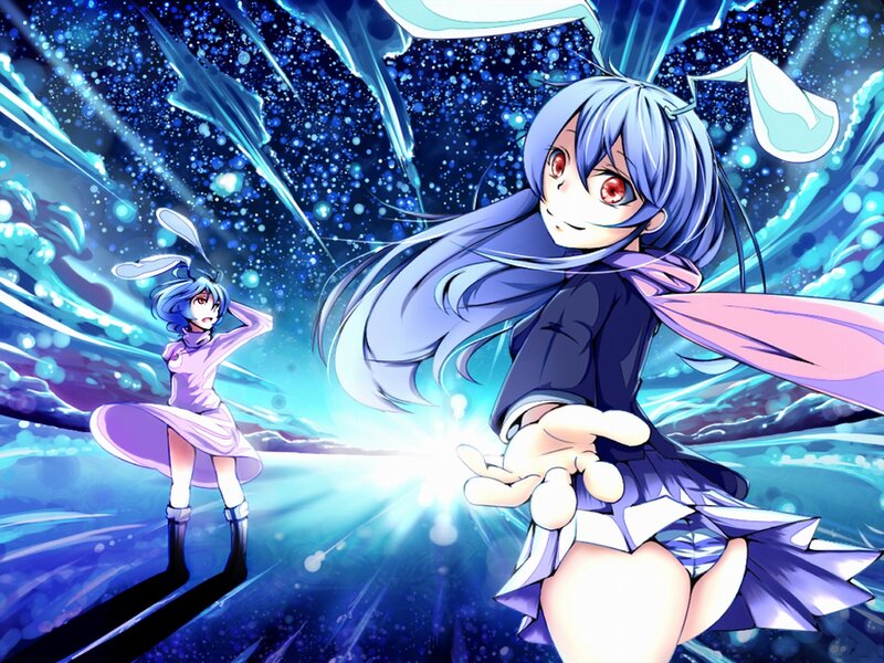 Blue-haired anime girls in magical scene