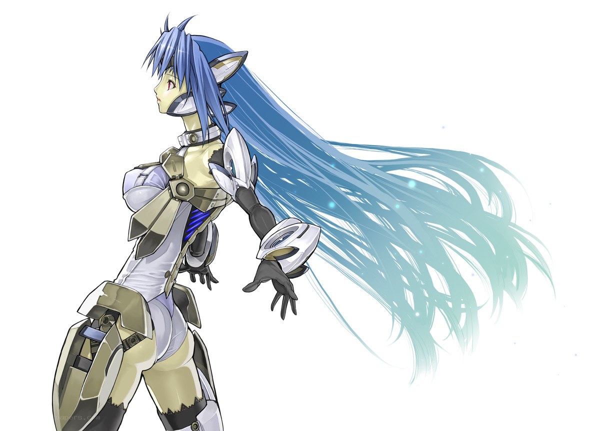 blue-haired anime mech warrior