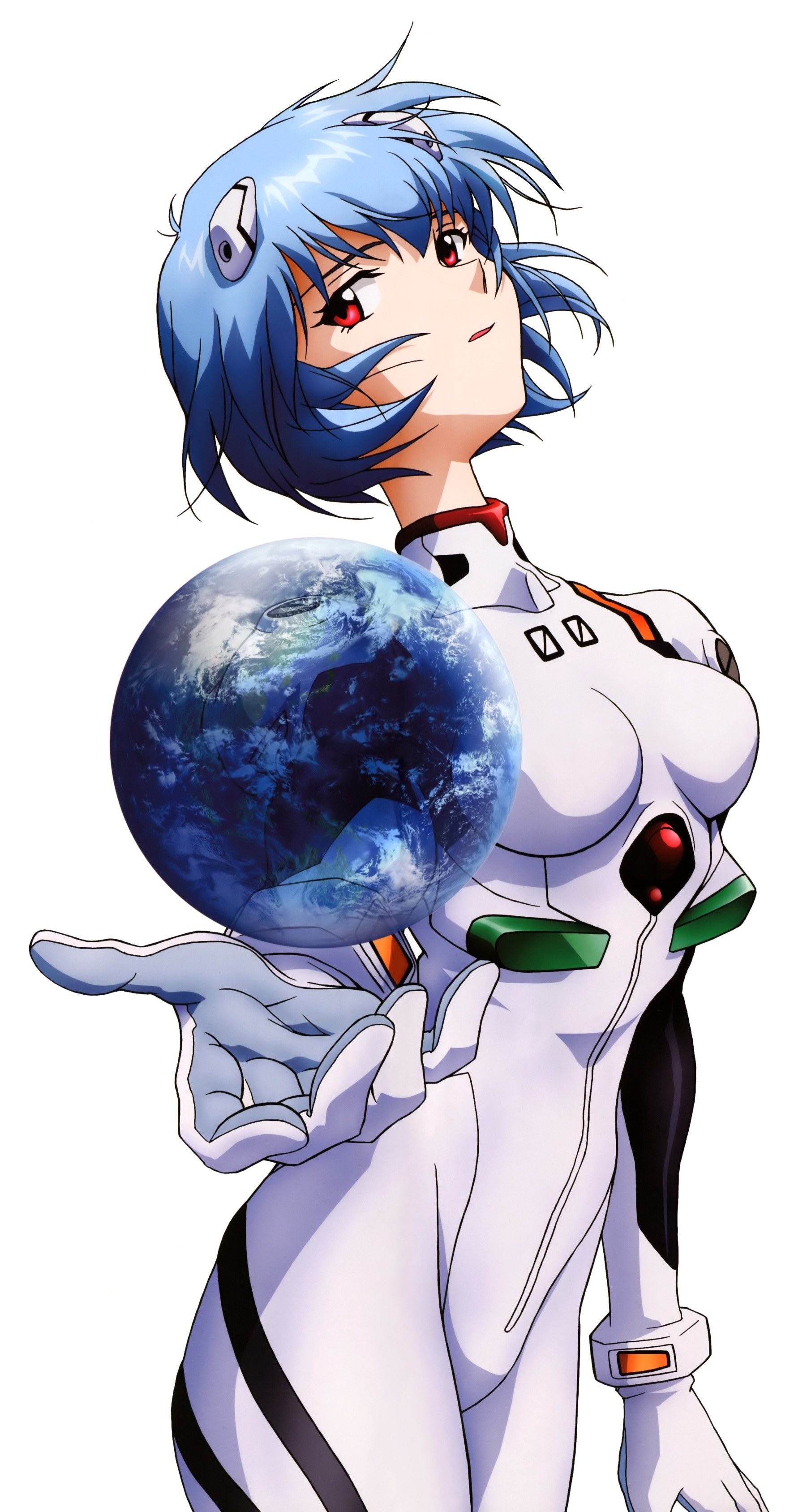 Blue-haired anime pilot holding Earth
