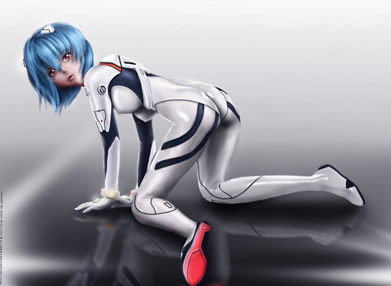 blue-haired anime pilot kneeling