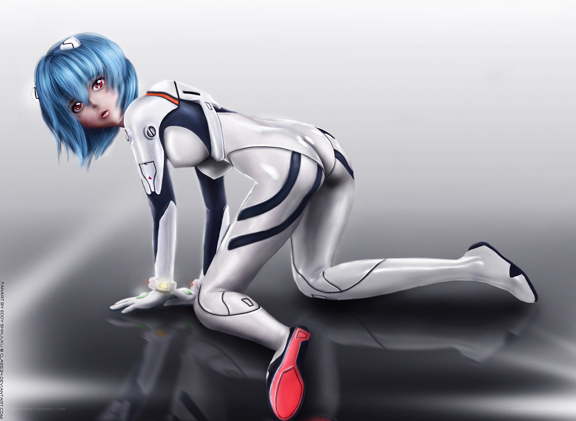 blue-haired anime pilot kneeling