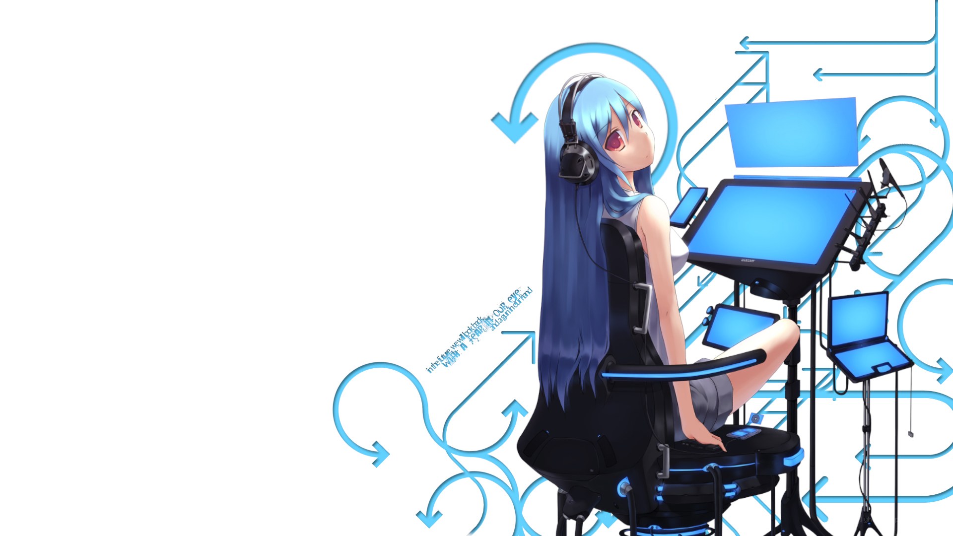 blue-haired anime singer at workstation