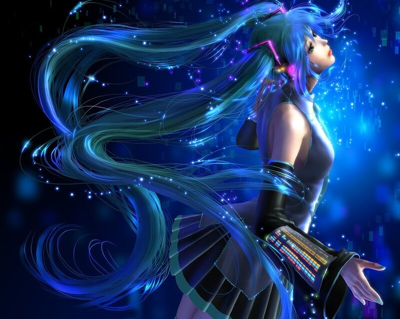 blue-haired anime singer in digital space