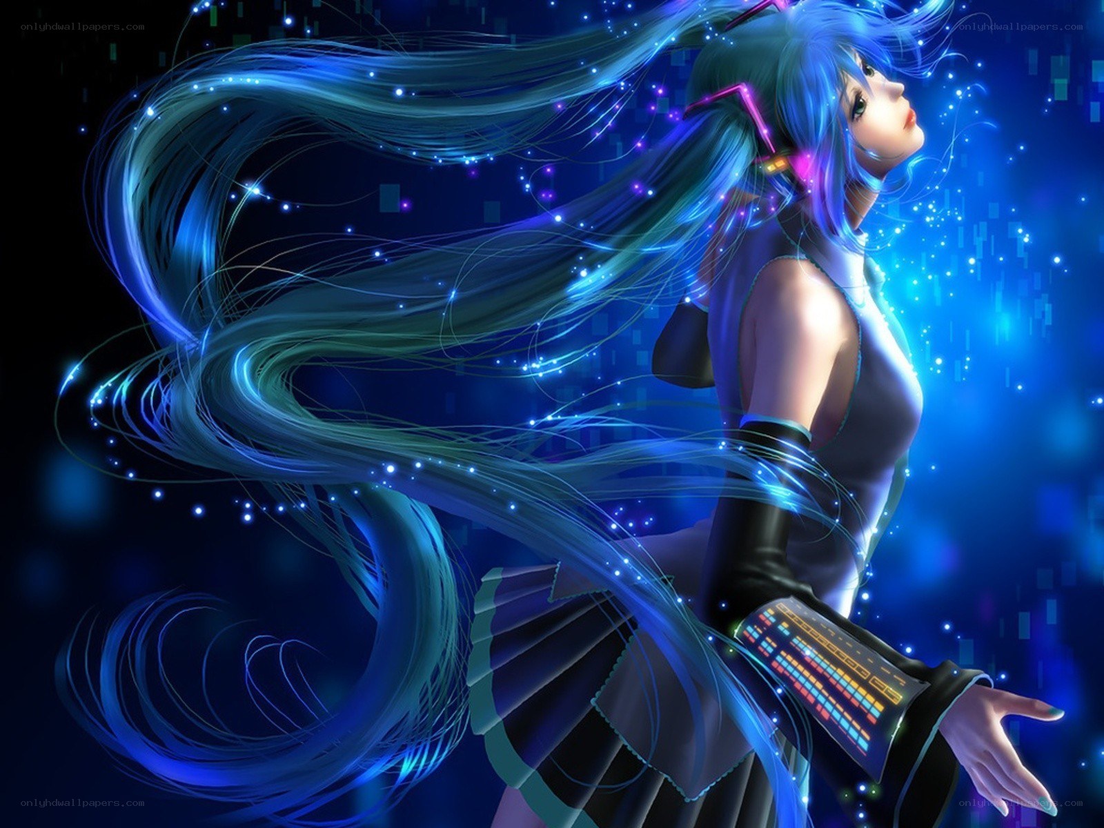 blue-haired anime singer in motion