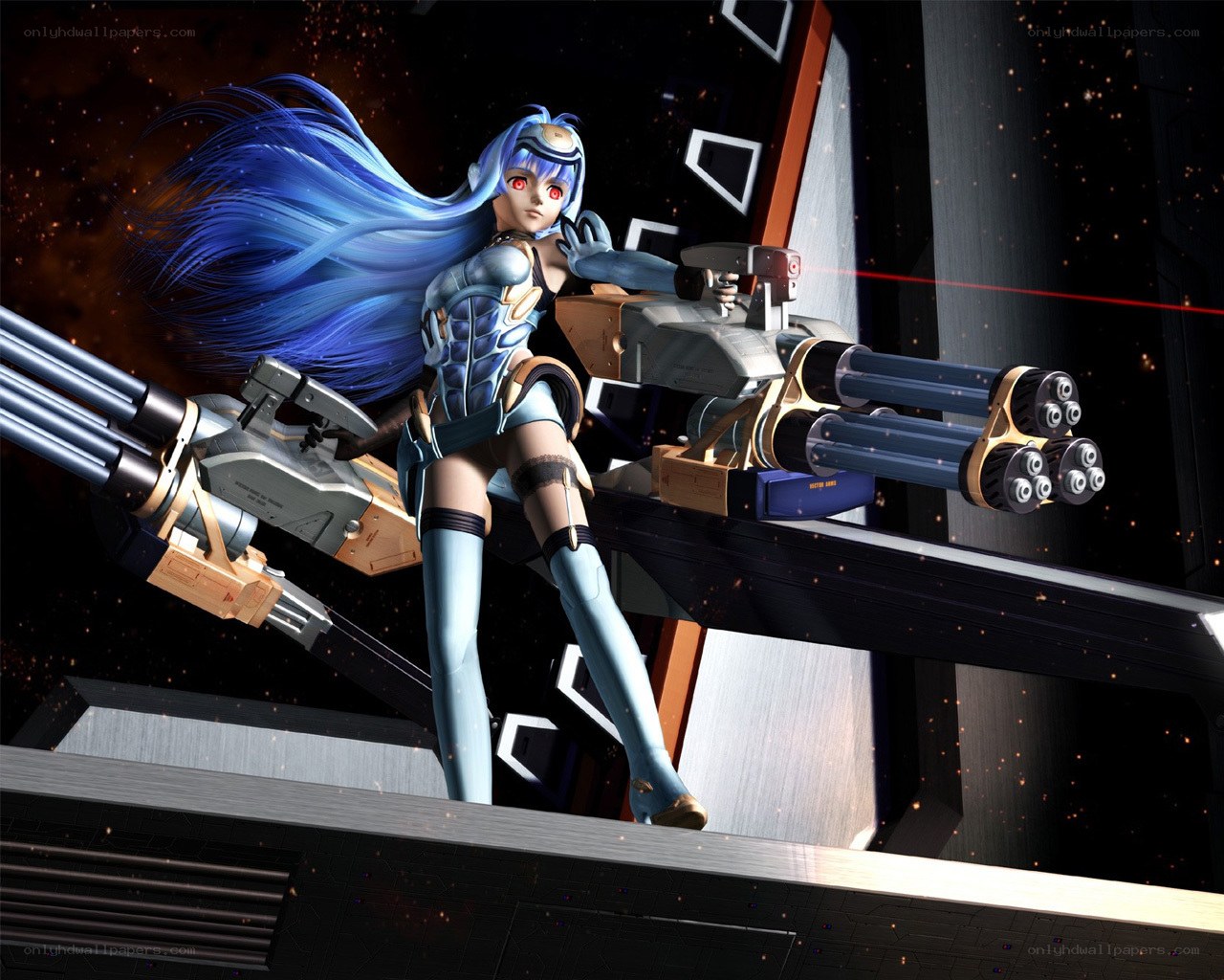 Blue-haired anime soldier with guns