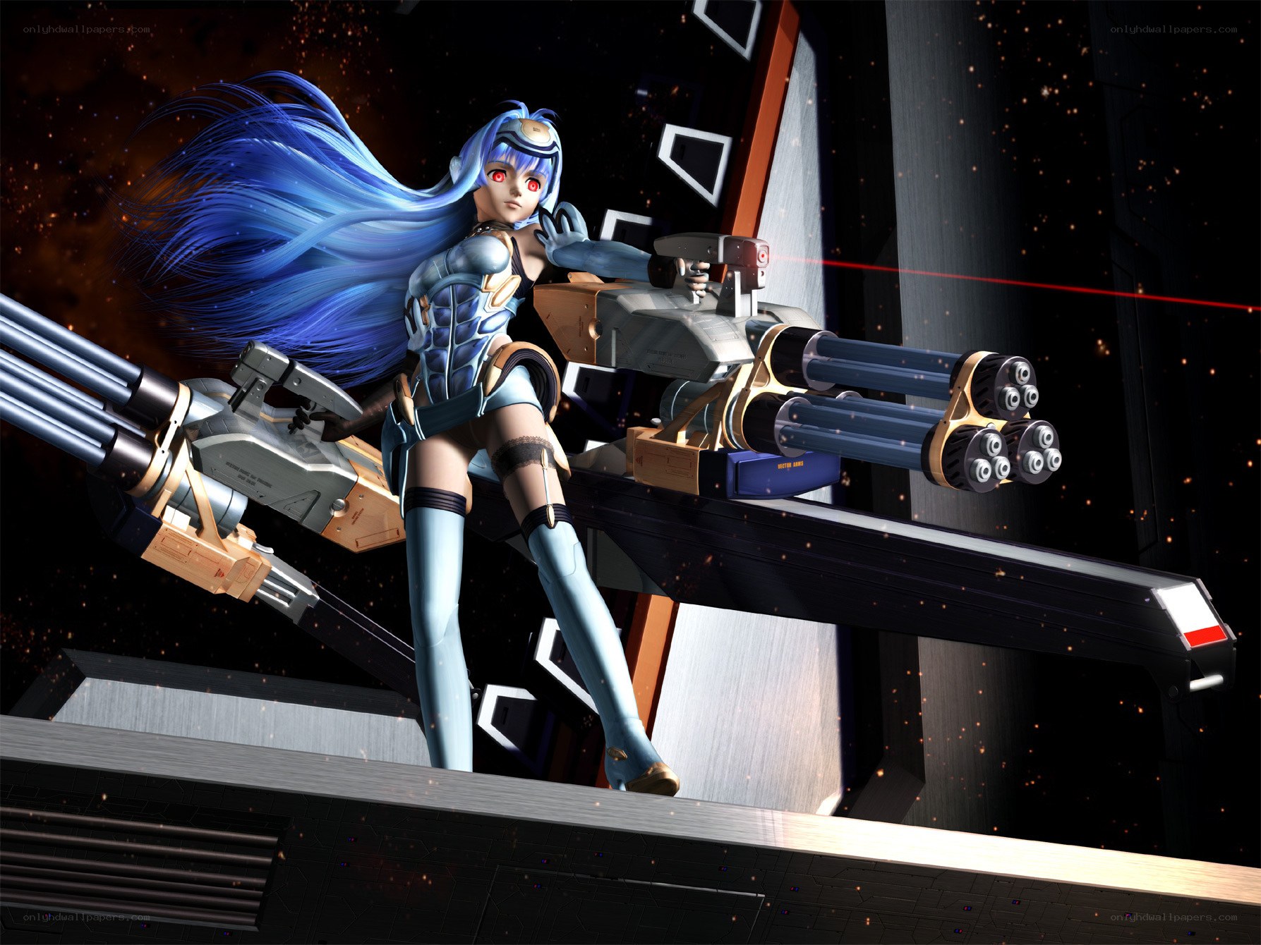 blue-haired anime soldier with guns