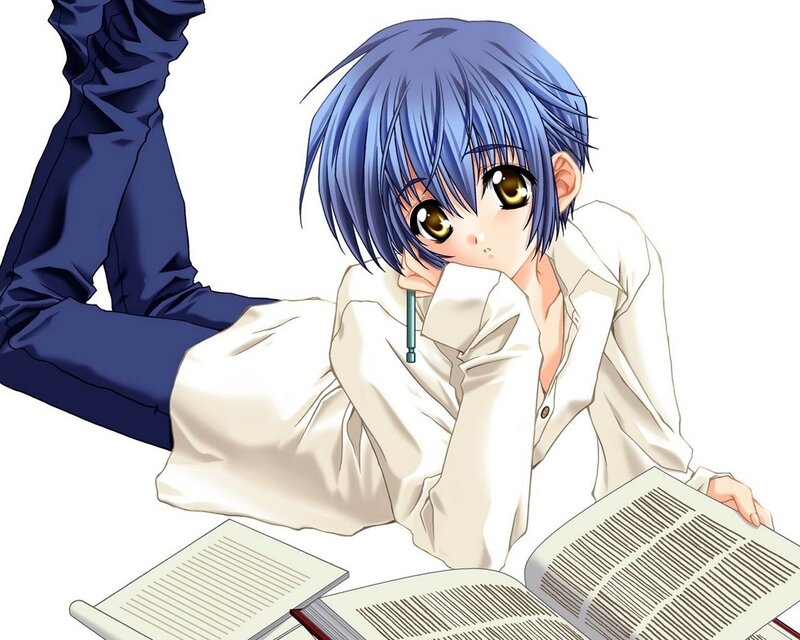 blue-haired anime student