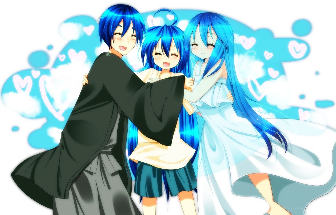 Blue-haired anime trio hugging