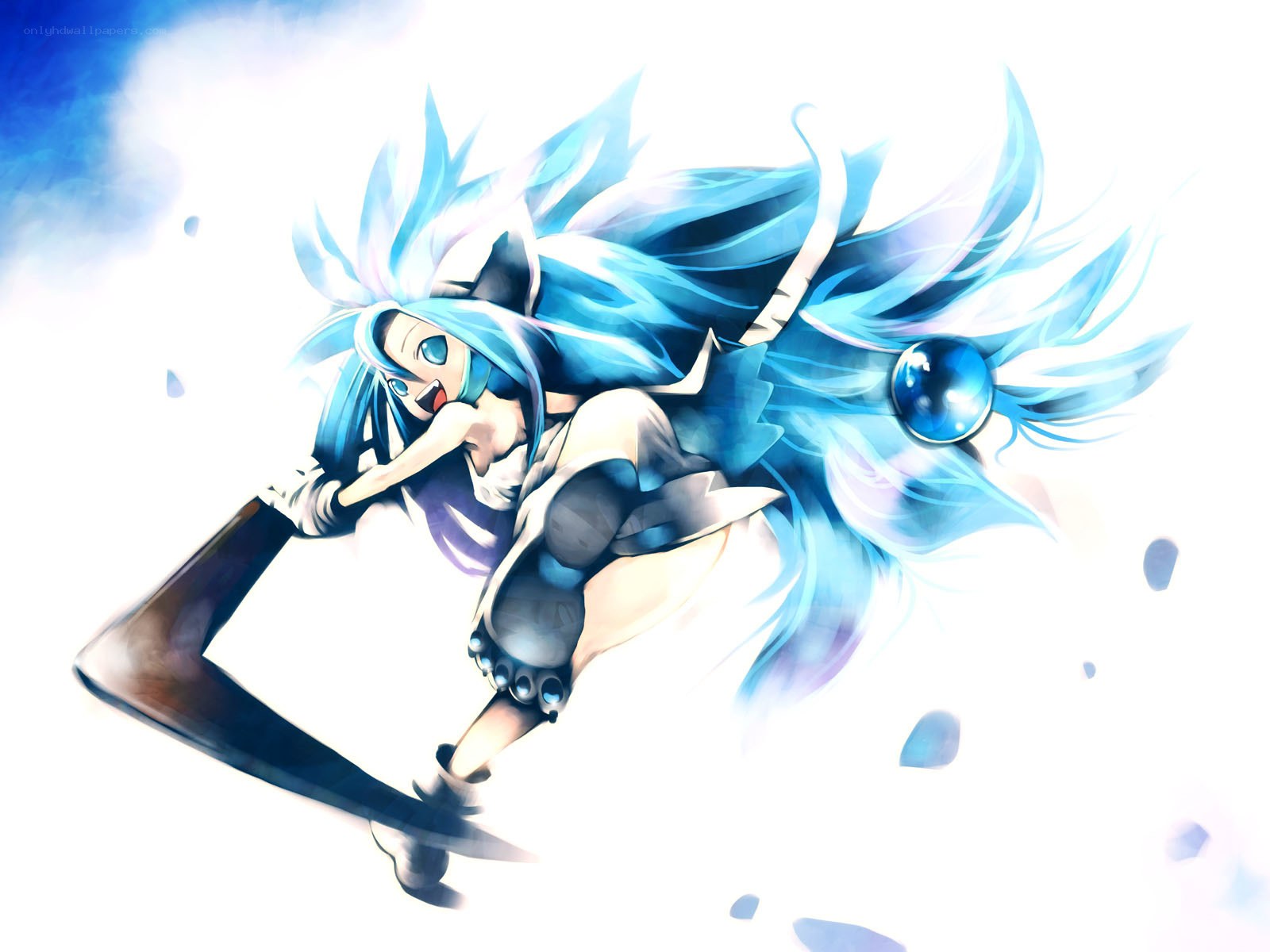 blue-haired anime warrior in action