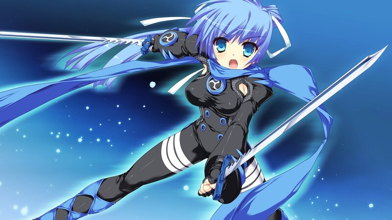 blue-haired anime warrior in action