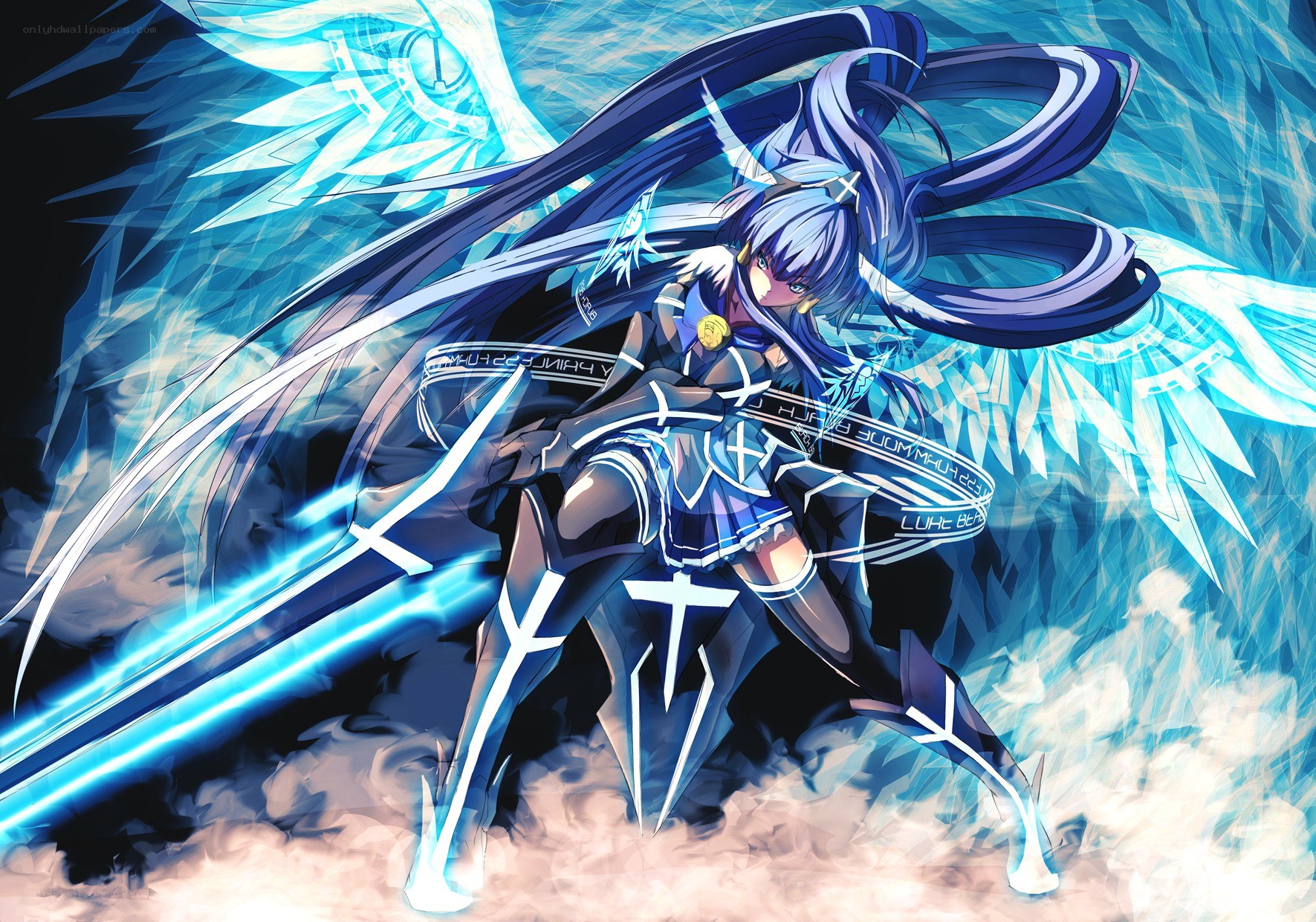 blue-haired anime warrior with wings