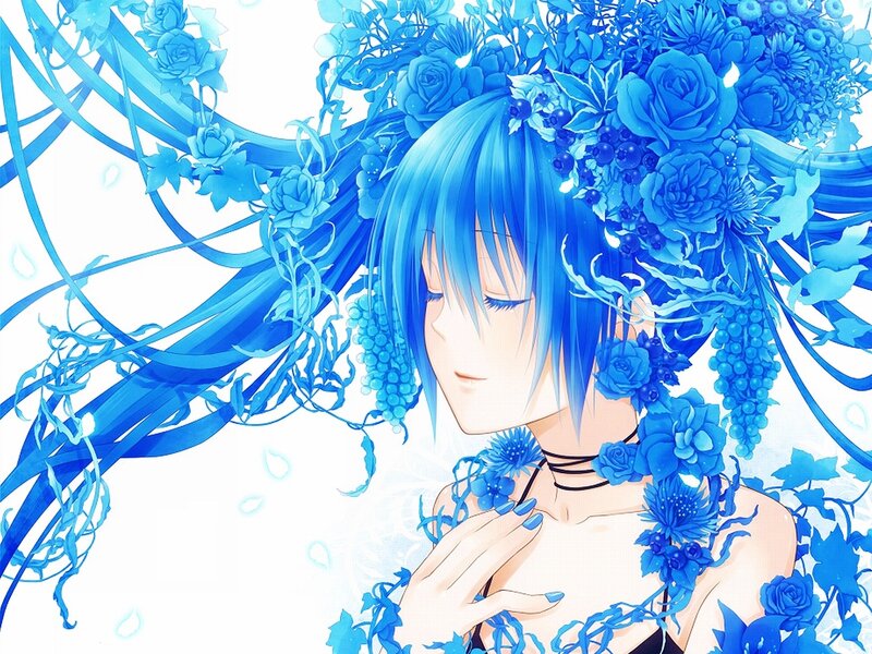 Blue-haired Anime Woman — Blue, Serene, Flowers, Ribbons