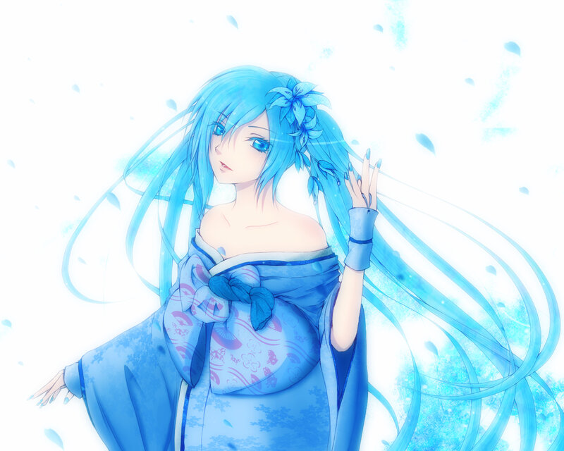 Blue-haired Anime Woman — Blue, Serene, Kimono, Flower