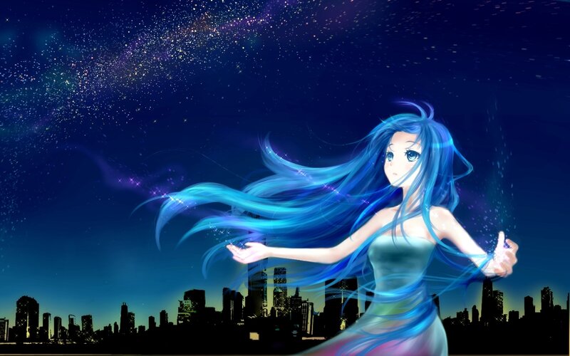 Blue-haired Anime Woman — Blue, Serene, Night