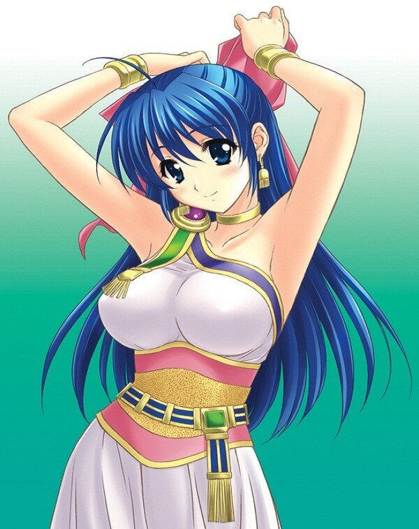 blue-haired anime woman in costume
