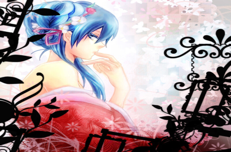 blue-haired anime woman in red kimono