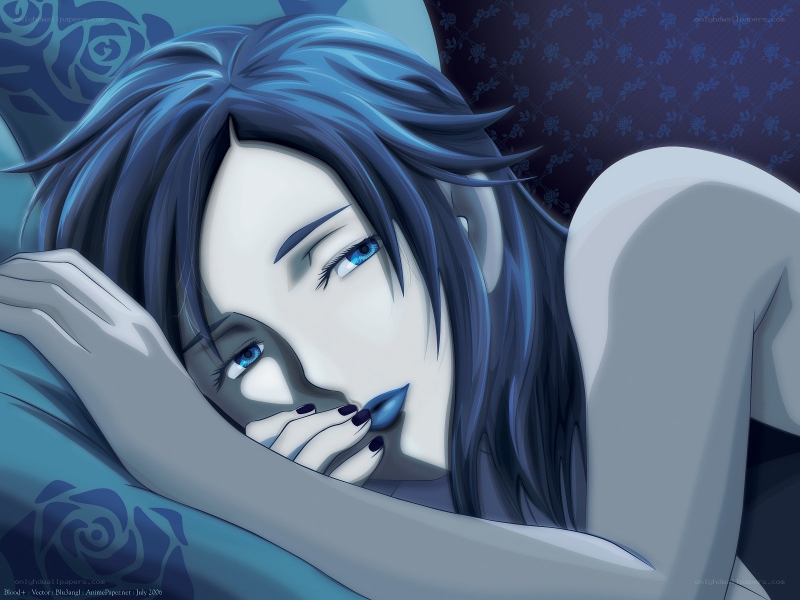 blue-haired anime woman resting
