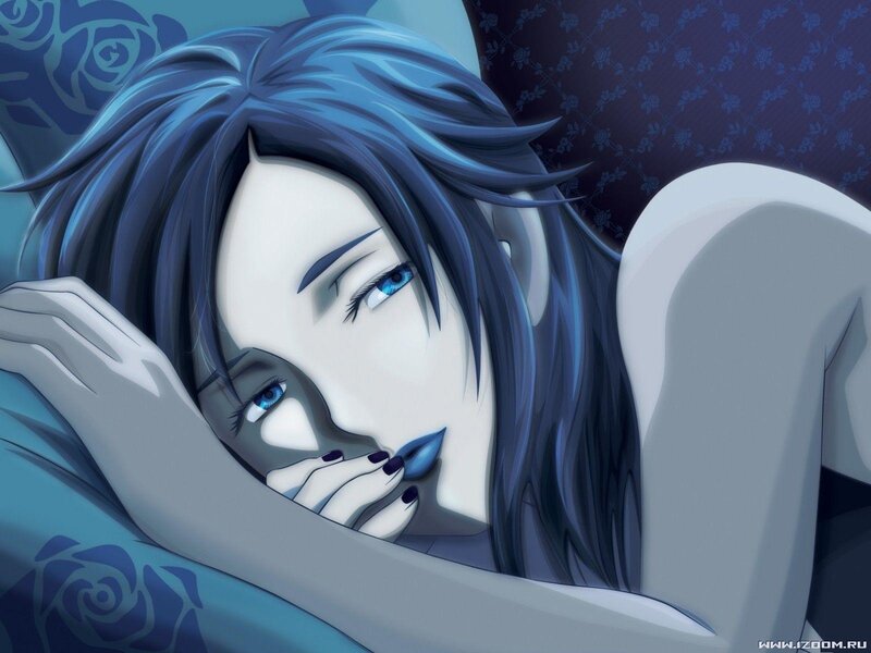 blue-haired anime woman sleeping