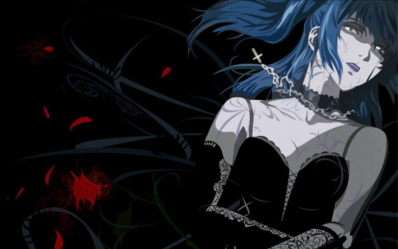 blue-haired anime woman with chains