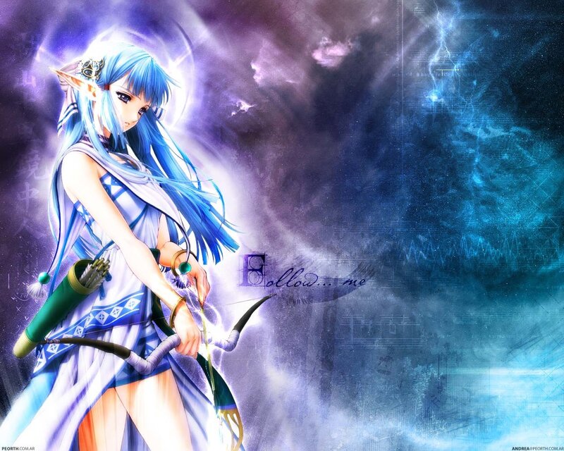blue-haired archer in fantasy scene