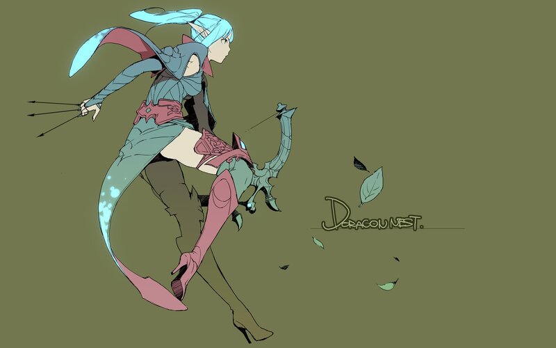 blue-haired archer in motion